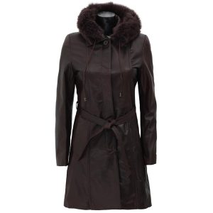 Dark Brown Long Shearling Leather Coat Womens