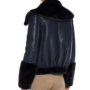 Navy Blue Lambskin Leather And Faux Fur Coat Womens back