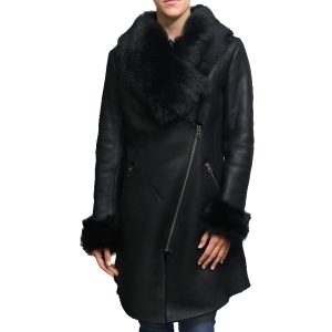 Womens Shearling Sheepskin Suede Coat Merino Toscana Collar Black side