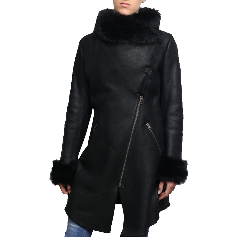 Womens Shearling Sheepskin Suede Coat Merino Toscana Collar Black