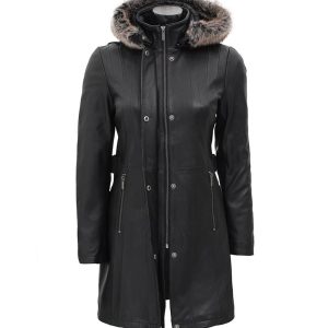 Womens Faux Shearling Collar Leather Black Hooded Coat