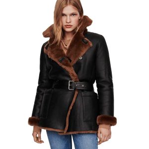 winter brown shearling leather coat womens