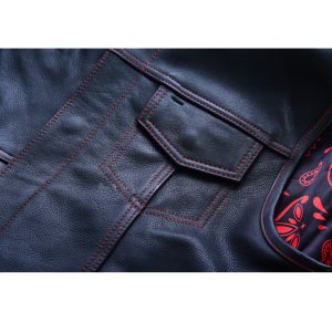 Mens Black Traditional Paisley Satin Liner with Red Stitching Leather Biker Waistcoat
