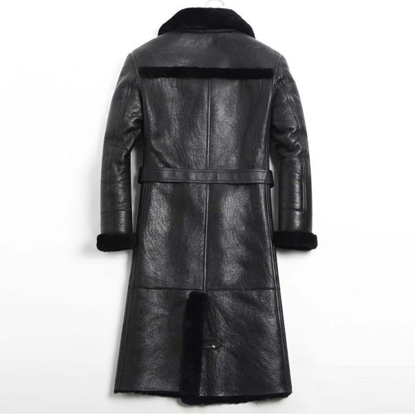 Mens Black Shearling Sheepskin Leather Long Coat Back