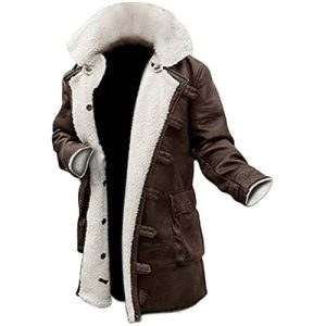 Mens Brown Leather Faux Shearling Sheepskin Fur Coat