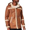 Mens Brown Leather Look Hooded Shearling Sheepskin Coat
