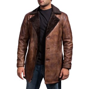 Mens Chocolate Brown Distressed Shearling Leather Fur Coat