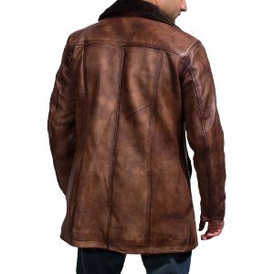 Mens Chocolate Brown Distressed Shearling Leather Fur Coat Back