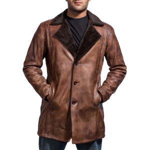 Mens Chocolate Brown Distressed Sheepskin Leather Fur Coat