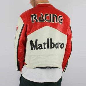 Mens Moto Racer White Red Leather Marlboro Jacket