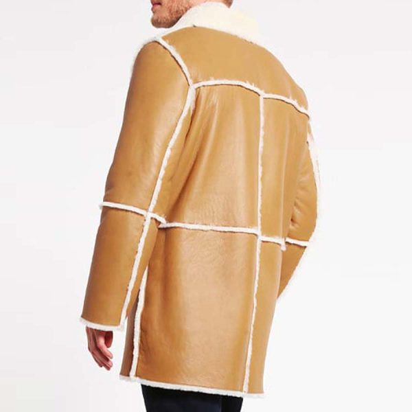 Mens Single Breasted Tan Leather Shearling Detailed Coat