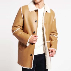 Mens Tan Leather Shearling Detailed Leather Coat