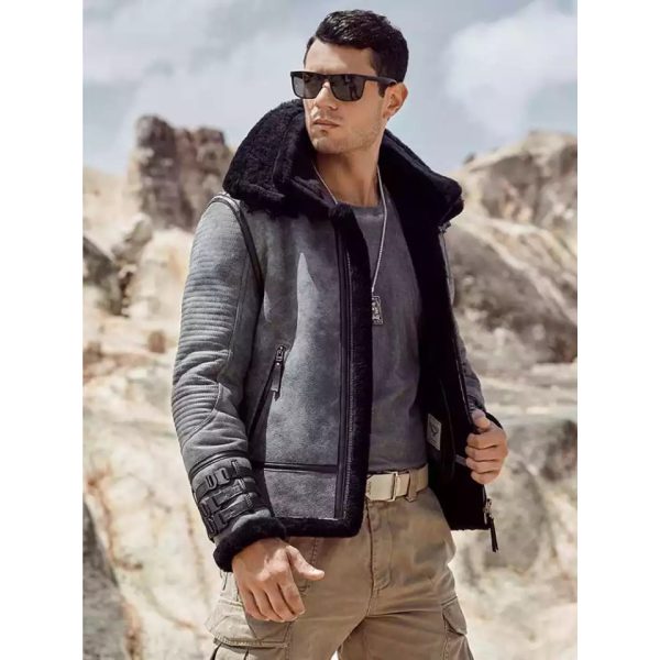 grey b3 shearling leather jacket with fur for men