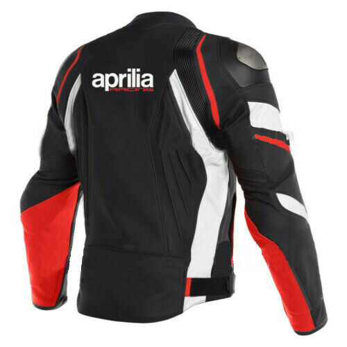 Men Black Aprilia Motorcycle Leather Racing Jacket Back