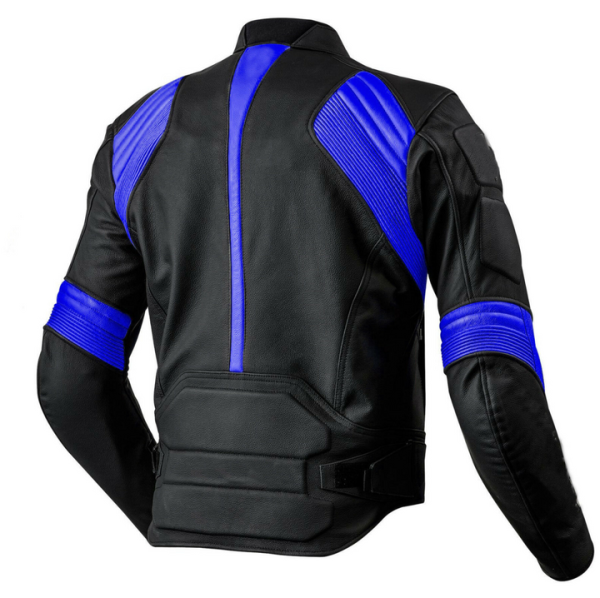 Men Motorcycle Blue And Black Leather Racing Jacket Back
