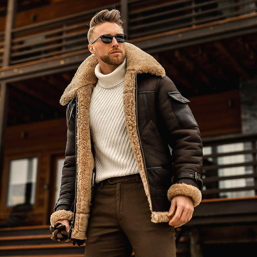 Men Winter Shearling Jacket Fur Warm Coat Thick Leather Bomber Jacket Outwear