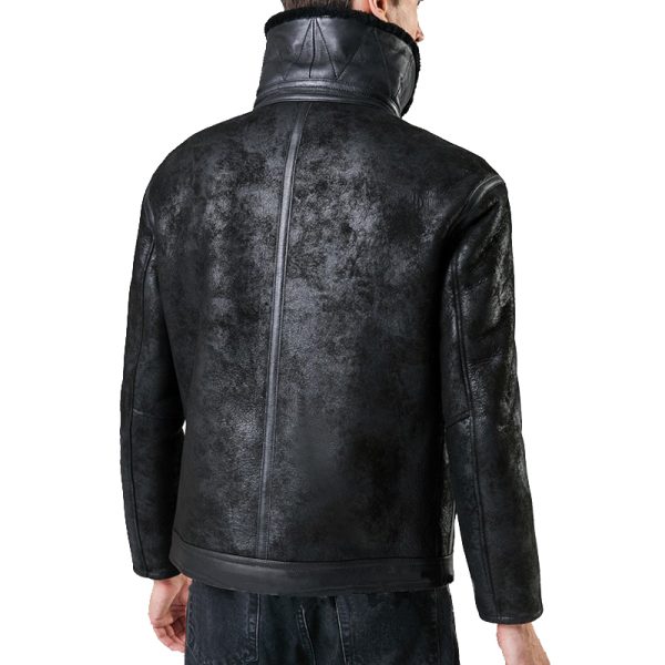 mens black distressed sheepskin shearling aviator jacket back