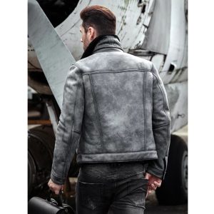 mens gray leather b3 bomber jacket back