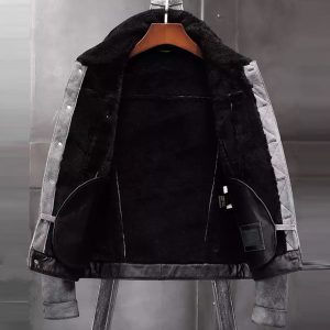 mens gray leather b3 bomber jacket open