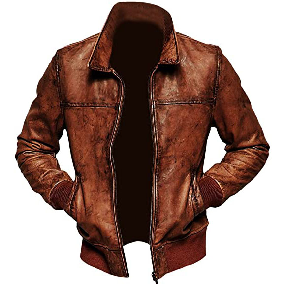 Mens Biker Vintage Distressed Brown Bomber Winter Leather Jacket