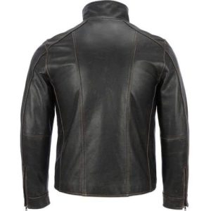 Mens Black Rivet Faded Seam Leather Jacket Back