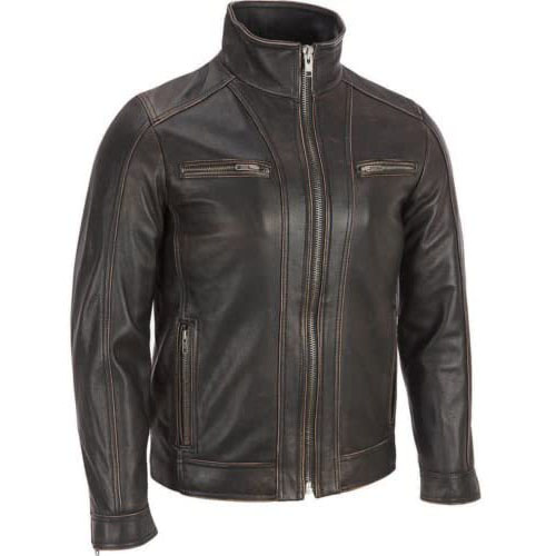 Mens Black Rivet Faded Seam Leather Jacket Side