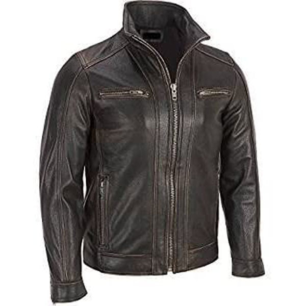 Mens Black Rivet Faded Seam Leather Jacket