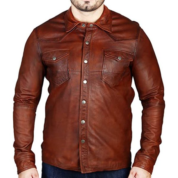 Mens Brown Waxed Genuine Leather Shirt