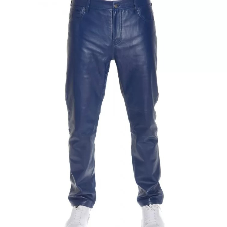 mens casual semi fitted style blue leather pants