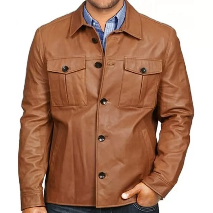 mens dashing look tan brown leather shirt