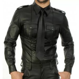 mens fabulous look black leather shirt