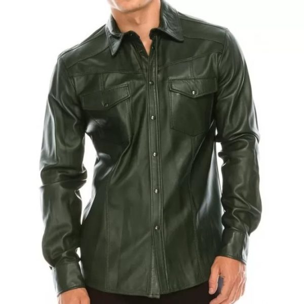 mens green leather shirt