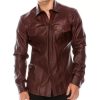 mens real sheepskin burgundy leather shirt