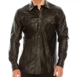 mens real sheepskin dark brown leather shirt