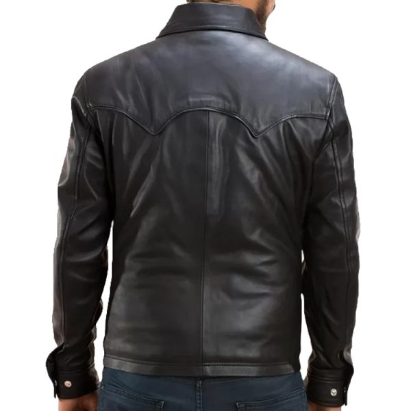 mens street wear real sheepskin black leather shirt