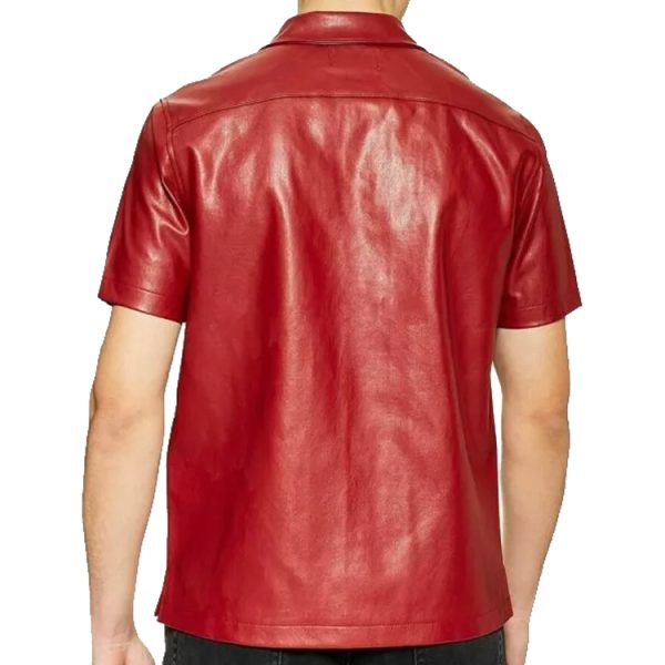 mens stylish short sleeve red leather shirt