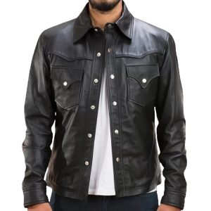 mens trucker style black leather shirt