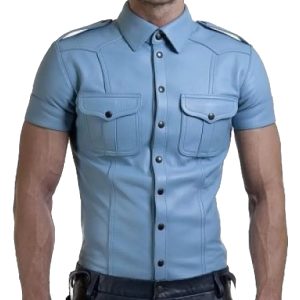 mens very hot genuine blue leather shirt
