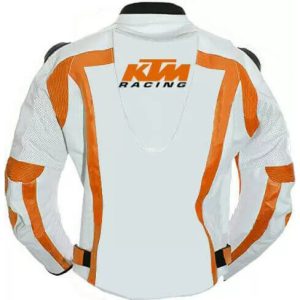 KTM Motorcycle White And Orange Racing Leather Jacket Back