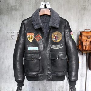 Mens Black Military Sheepskin Fur Aviator Leather Jacket
