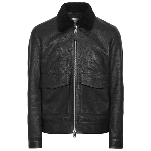 Black Shearling Collar Aviator Leather Jacket