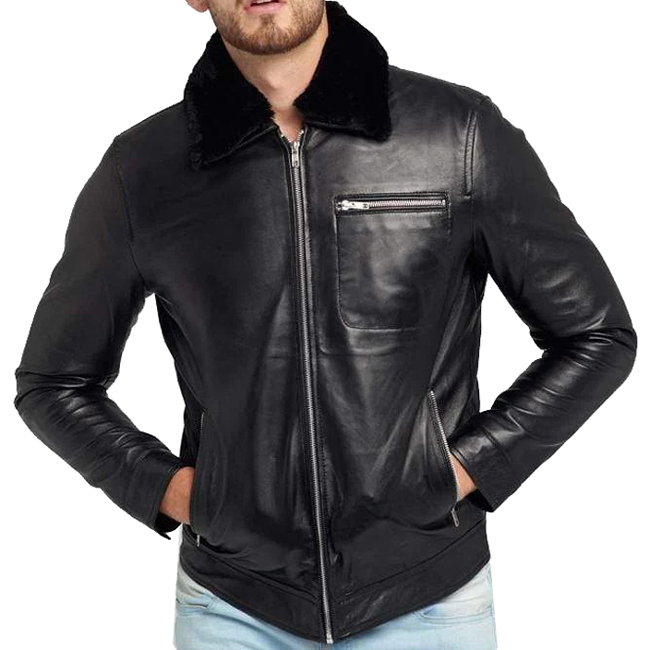 fur collared black leather jacket