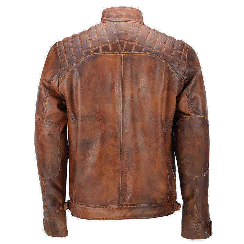 Men's Biker Quilted Vintage Distressed Motorcycle Cafe Racer Leather Jacket