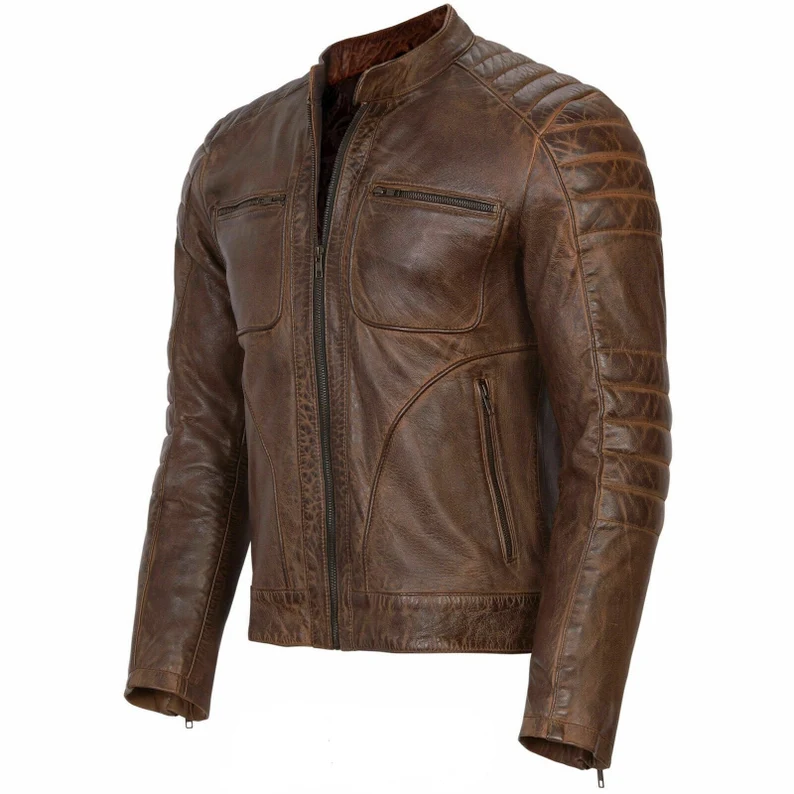 Men's Biker Vintage Brown Cafe Racer Retro Distressed Genuine Leather Jacket
