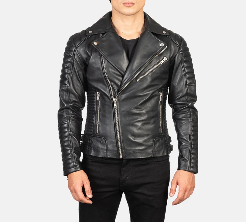 Men's Black and Distressed Brown Leather Biker Jacket