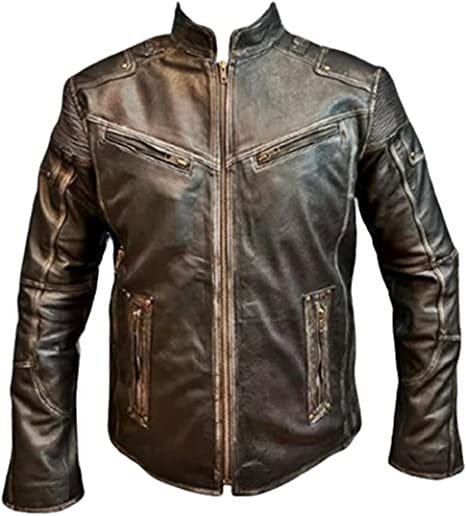 Men's Cafe Racer Distressed Leather Motrcycle Jacket