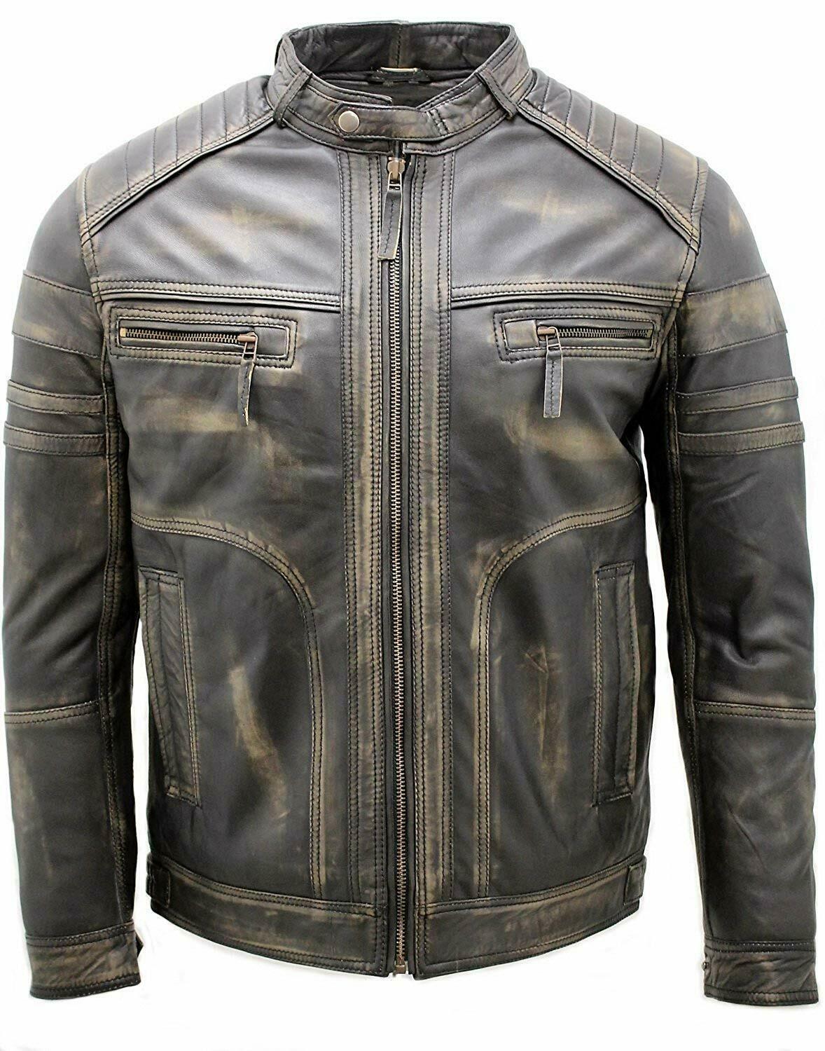 Men's Vintage Black Distressed Leather Jacket Faded Biker Jacket