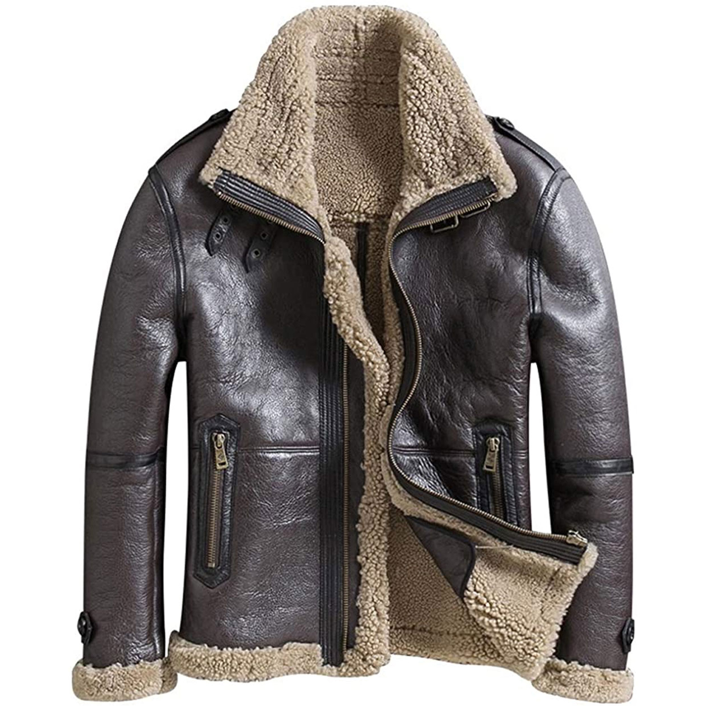 Brown Mens B3 Shearling Jacket Short Fur Coat Detachable Hooded Leather Jacket Lapel Mens Winter Coats