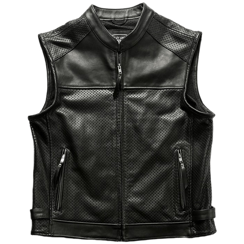 Mens Perforated Zipper Leather Motorcycle Vest