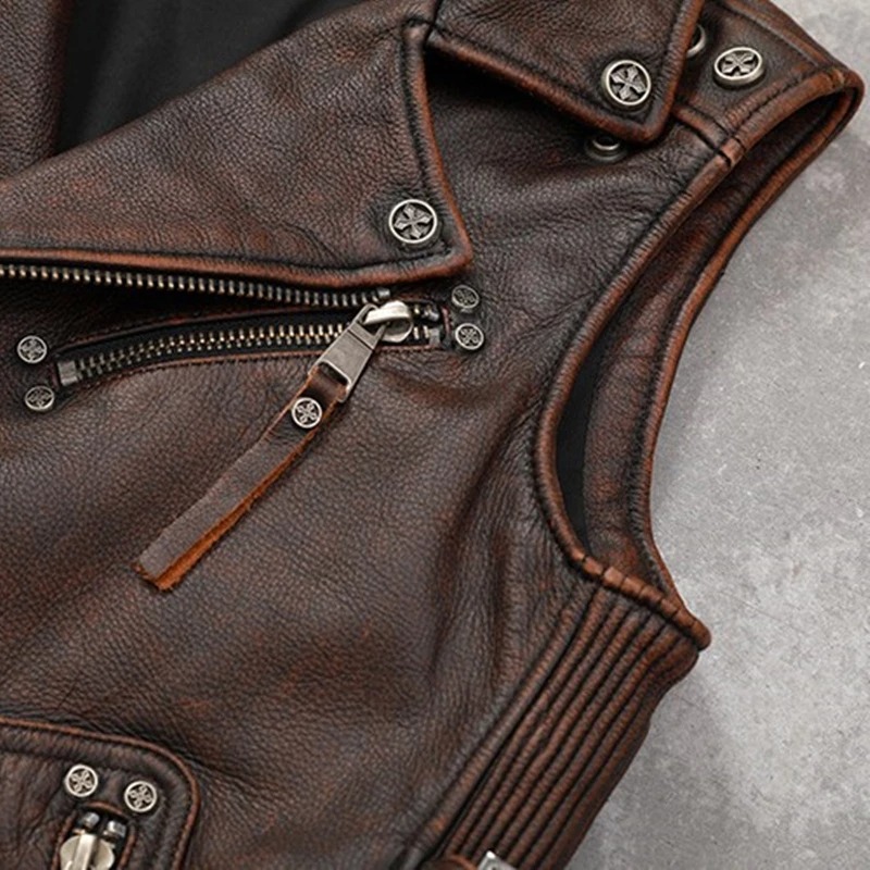 Mens Vintage Motorcycle Moto Biker Genuine Leather Vest
